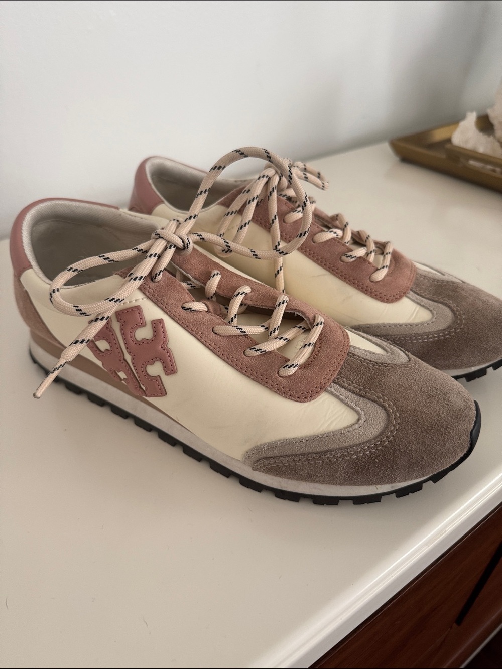 Tory Burch Cream, Blush & Taupe Lace-Up Sneakers